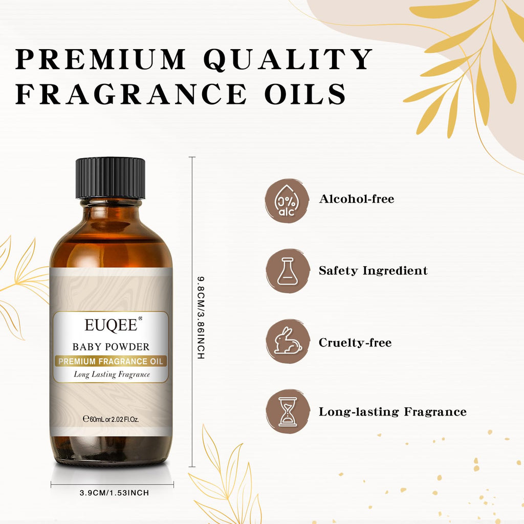 EUQEE Baby Powder Fragrance Oil 60ml with Glass Dropper – Premium Fragrance for Aromatherapy, Candles & DIY Bath Bombs (2.02 Fl oz)