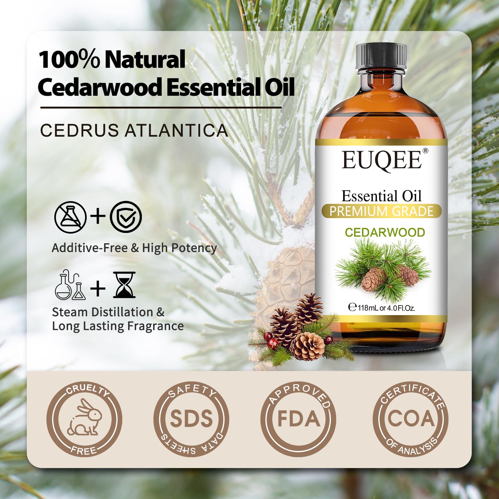 EUQEE Cedarwood Essential Oil with Glass Dropper, 118mL Natural Cedarwood Oil Premium Essential Oil for Diffuser, Humidifier(4fl.oz)