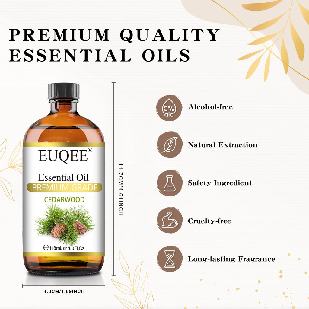 EUQEE Cedarwood Essential Oil 118mL – Pure Cedarwood Oil for Diffusers & Humidifiers | Glass Dropper