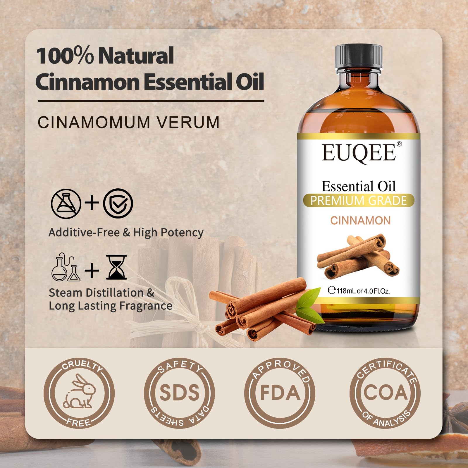 EUQEE Cinnamon Essential Oil 118ml (4 Fl Oz) – Diffuser, Aromatherapy, DIY Soap & Candle Making