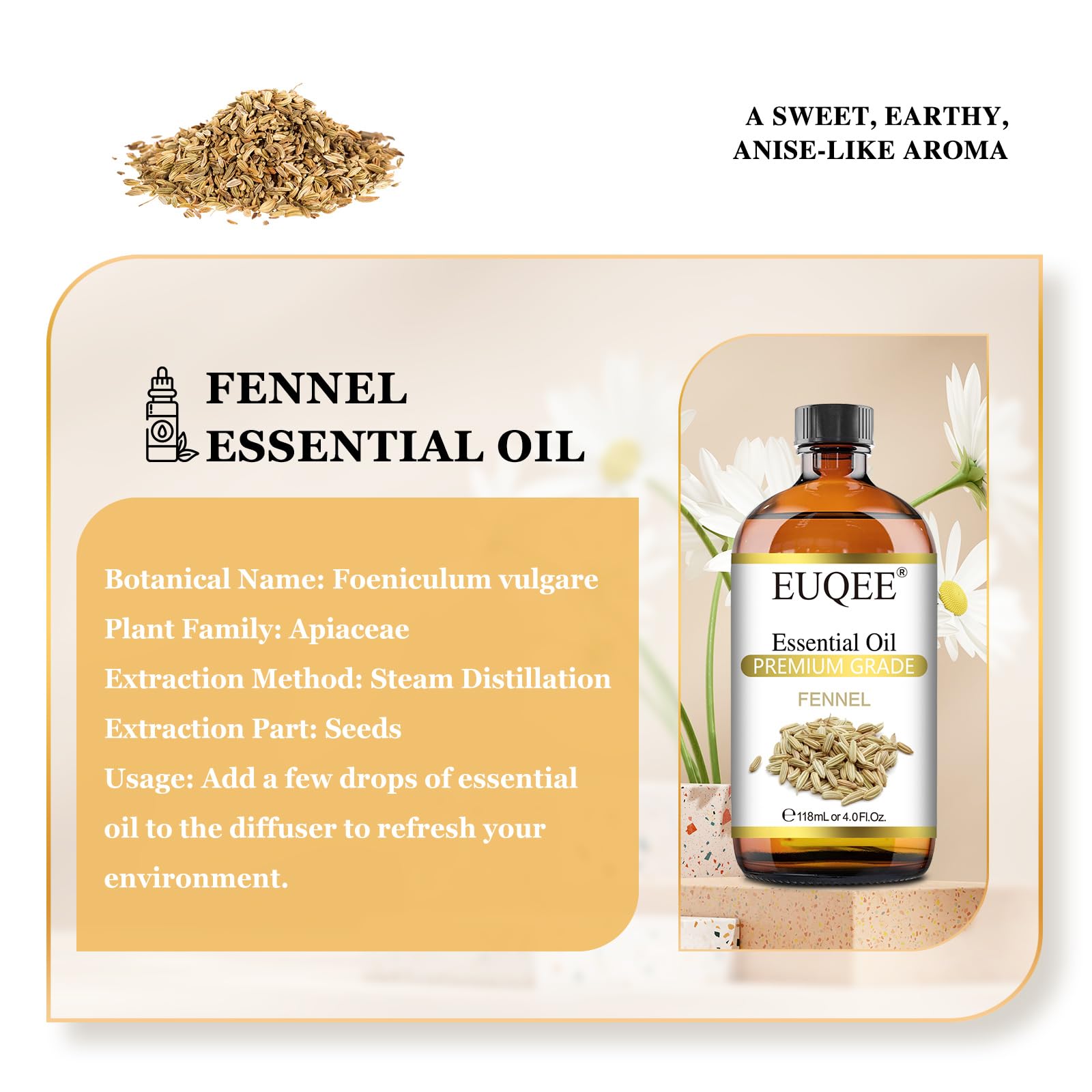 EUQEE Fennel Essential Oil 118ml - Pure Fennel Oil with Glass Dropper for Diffuser, Skin & Aromatherapy