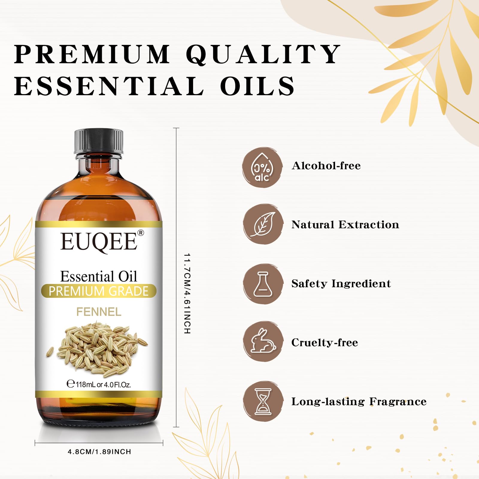 EUQEE Fennel Essential Oil 118ml - Pure Fennel Oil with Glass Dropper for Diffuser, Skin & Aromatherapy