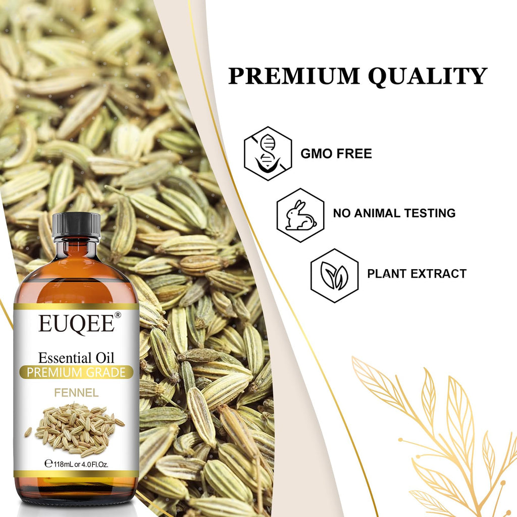 EUQEE Fennel Essential Oil 118ml - Pure Fennel Oil with Glass Dropper for Diffuser, Skin & Aromatherapy