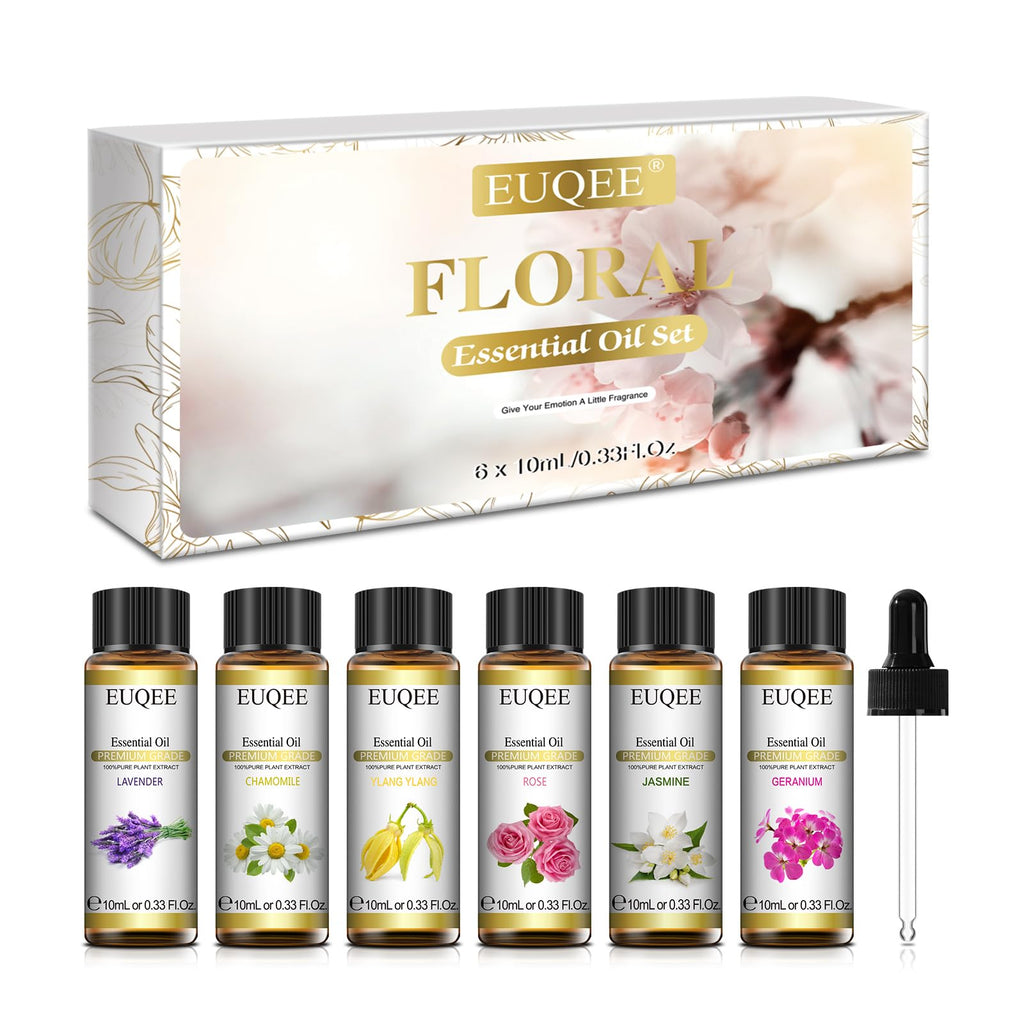 EUQEE Floral Essential Oils Set of 6 – 10ml Diffuser, Soap & Candle Oils