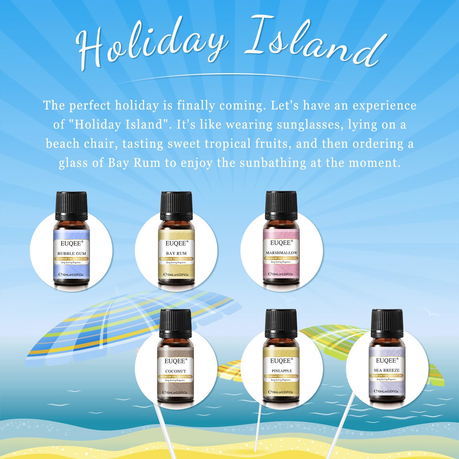 EUQEE Summer Fragrance Oil Gift Set – 6x10ml Holiday Island Aromatherapy Oils