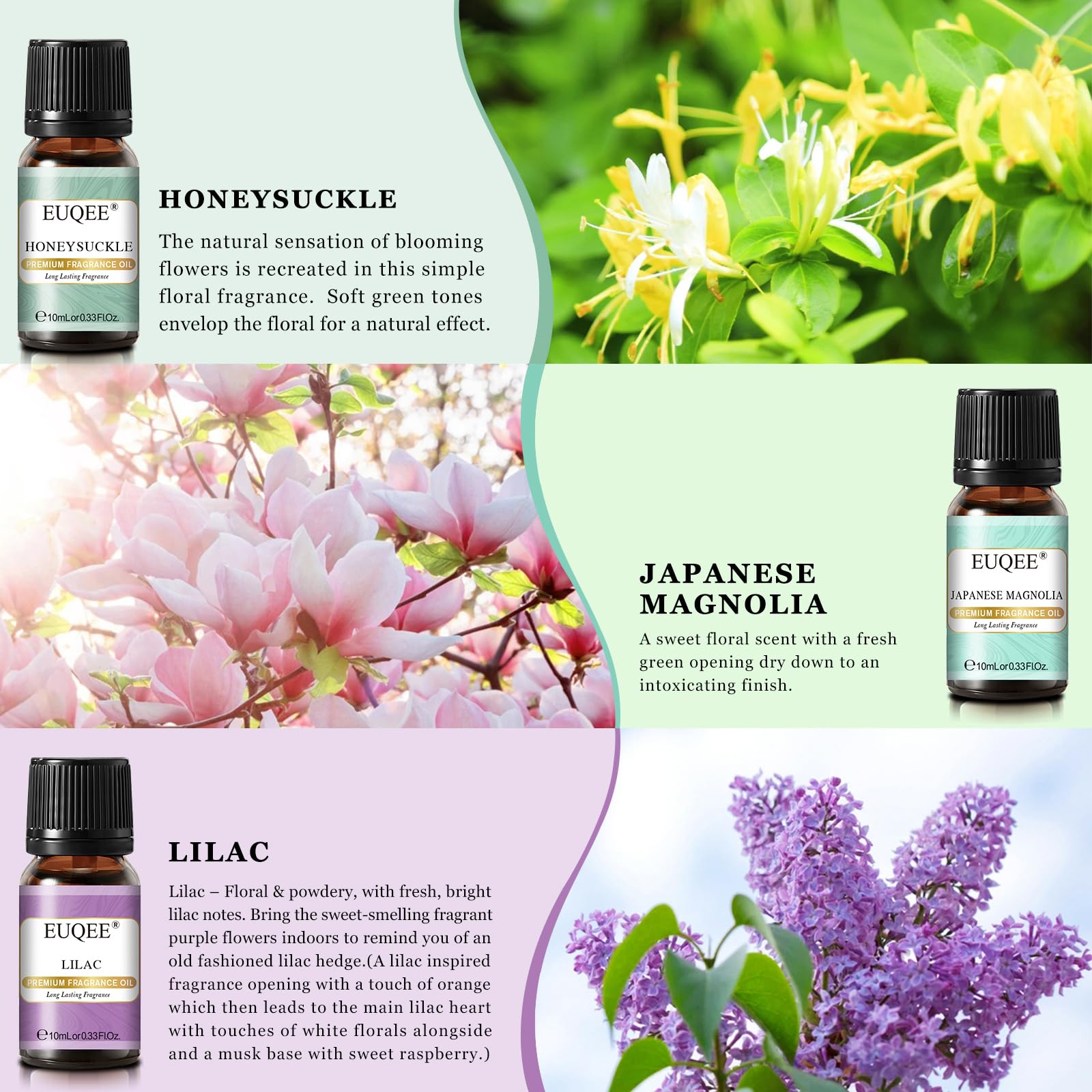 EUQEE Premium Floral Fragrance Oils Set 6x10ml – Diffuser & DIY Candle
