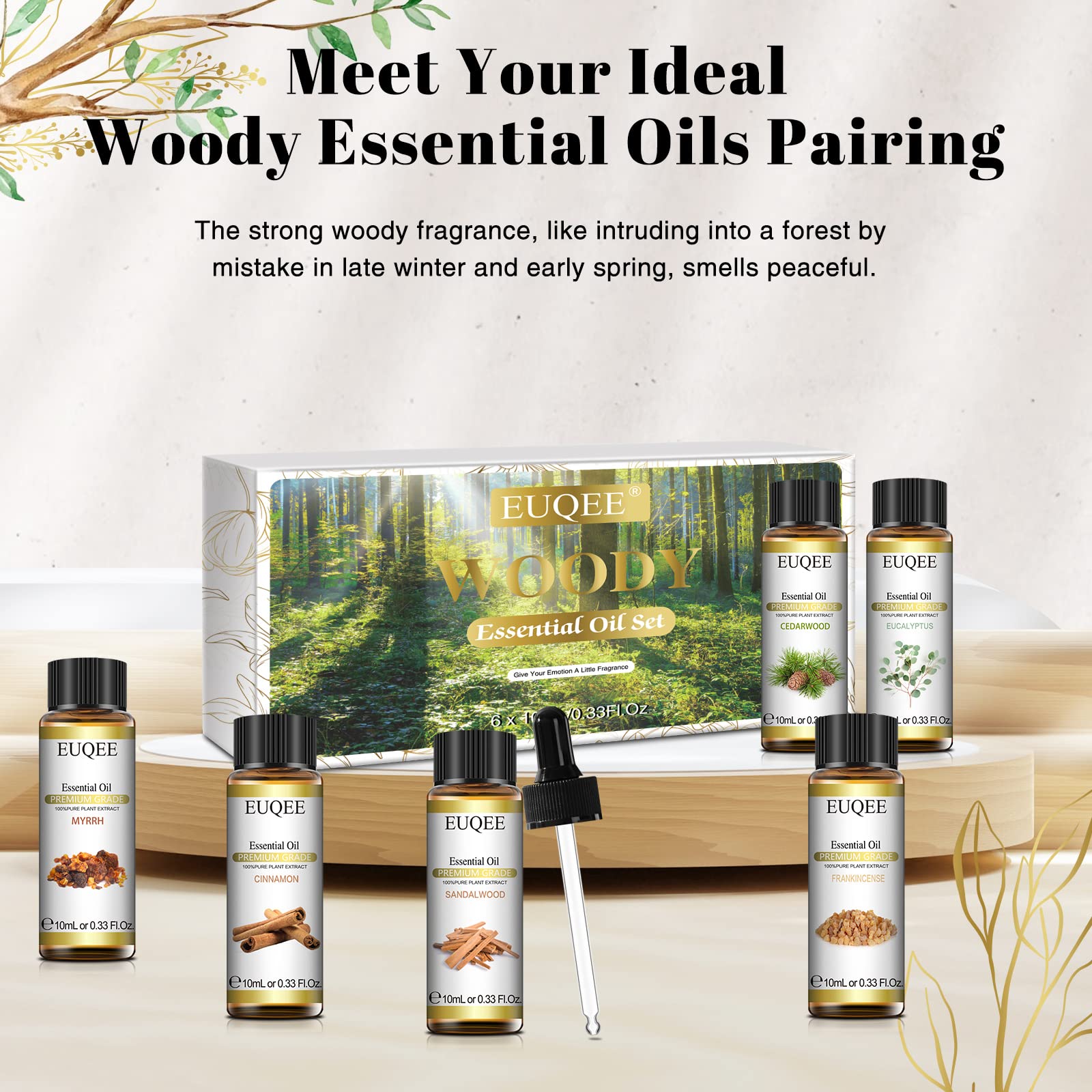 EUQEE 10ml Woody Essential Oils Set – Pure & Natural Aromatherapy (Eucalyptus, Cedarwood, Sandalwood, Frankincense, Cinnamon, Myrrh)