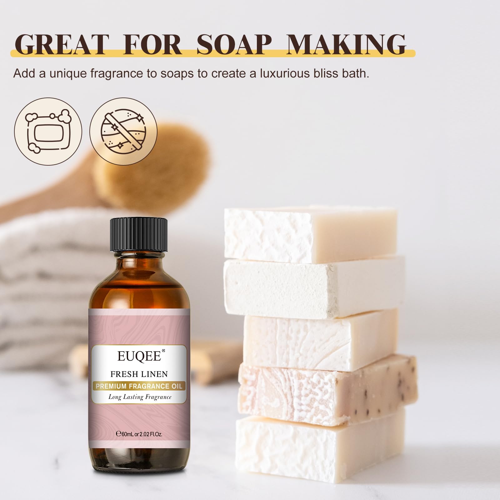 EUQEE Fresh Linen Fragrance Oil 60ml – Premium Essential Oil for Aromatherapy, Diffusers, DIY Bath Bombs & Candles