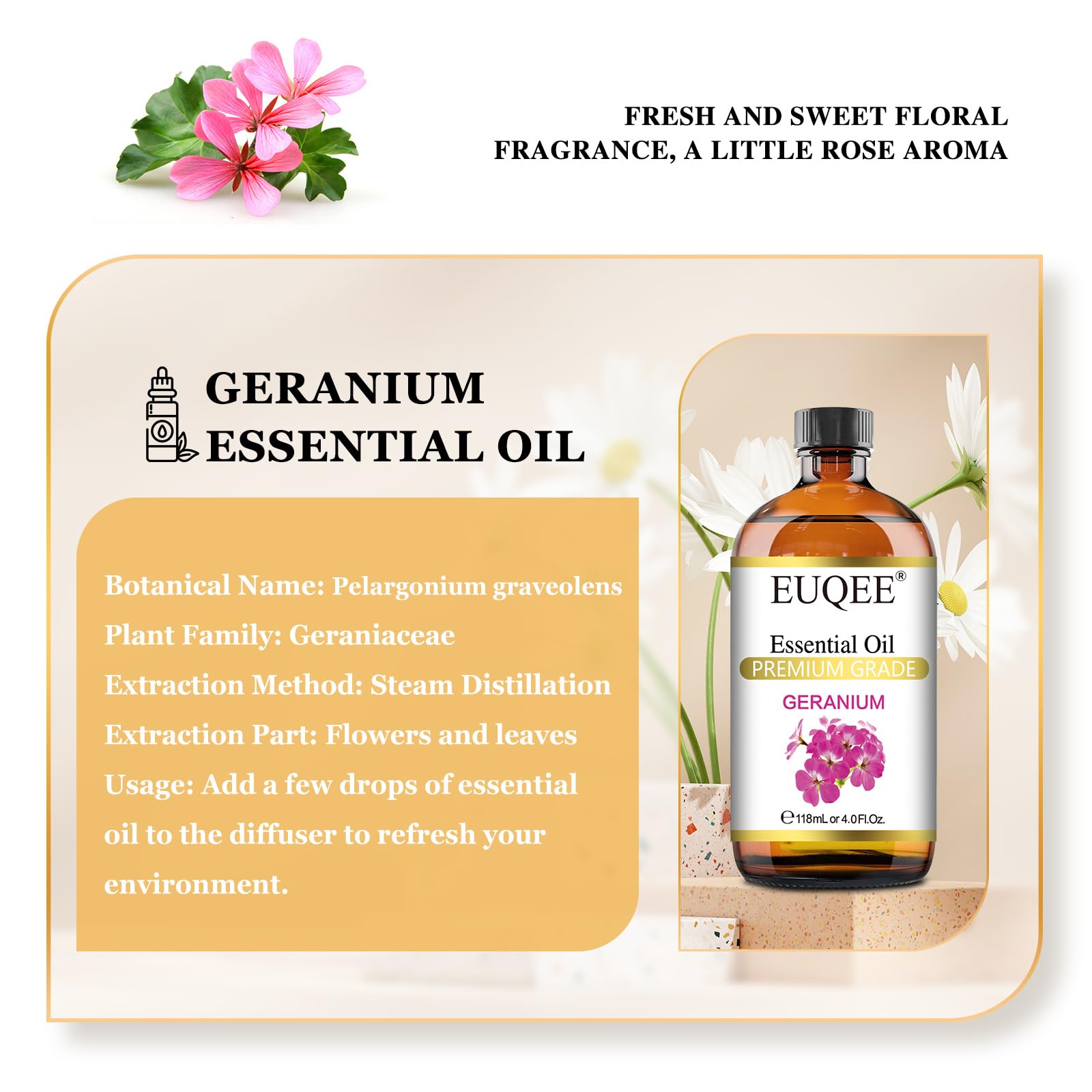 EUQEE Geranium Essential Oil 118 ml | Pure Geranium Oil with Dropper (4 oz)