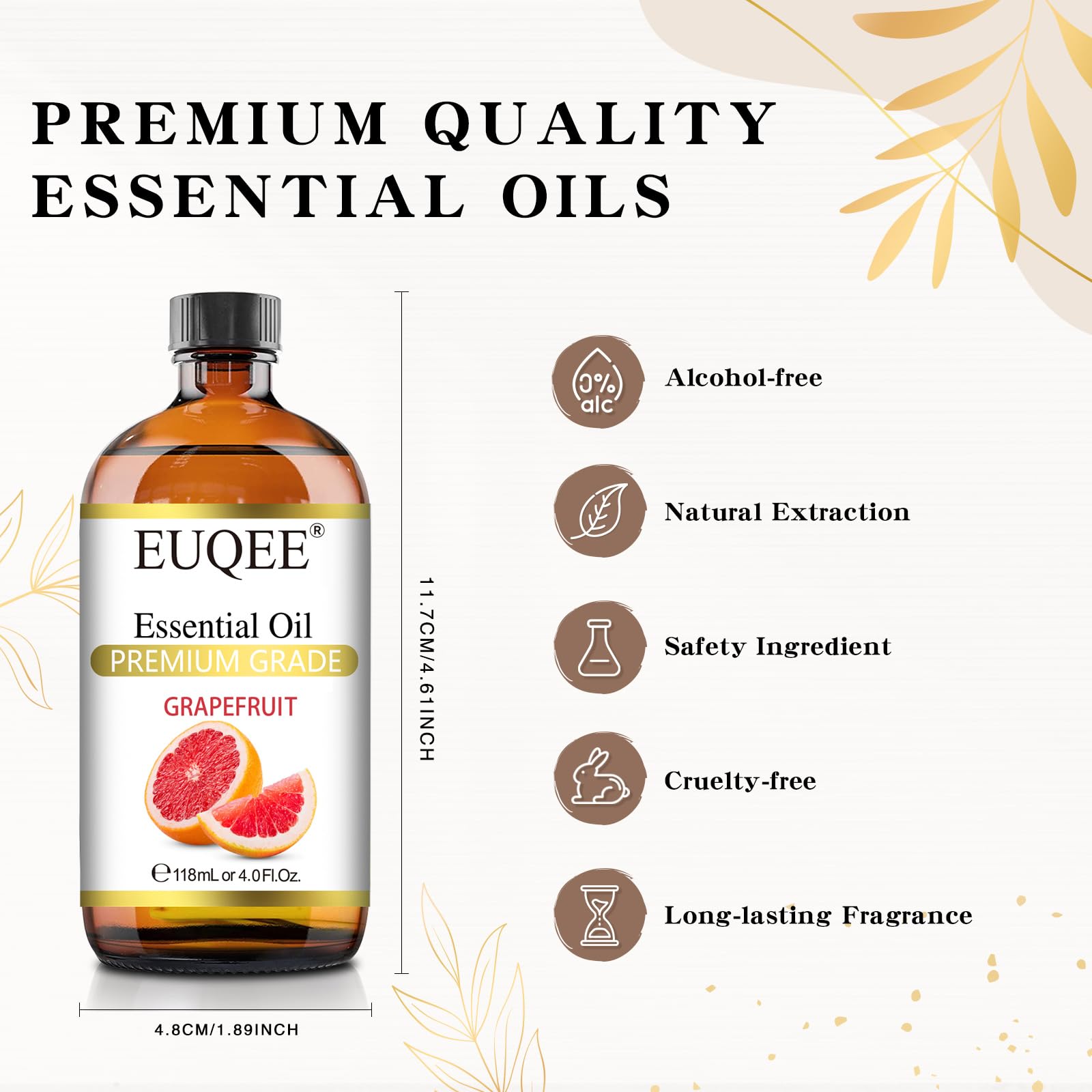 EUQEE Grapefruit Essential Oil 118mL (4 oz) – Pure Citrus Oil with Glass Dropper
