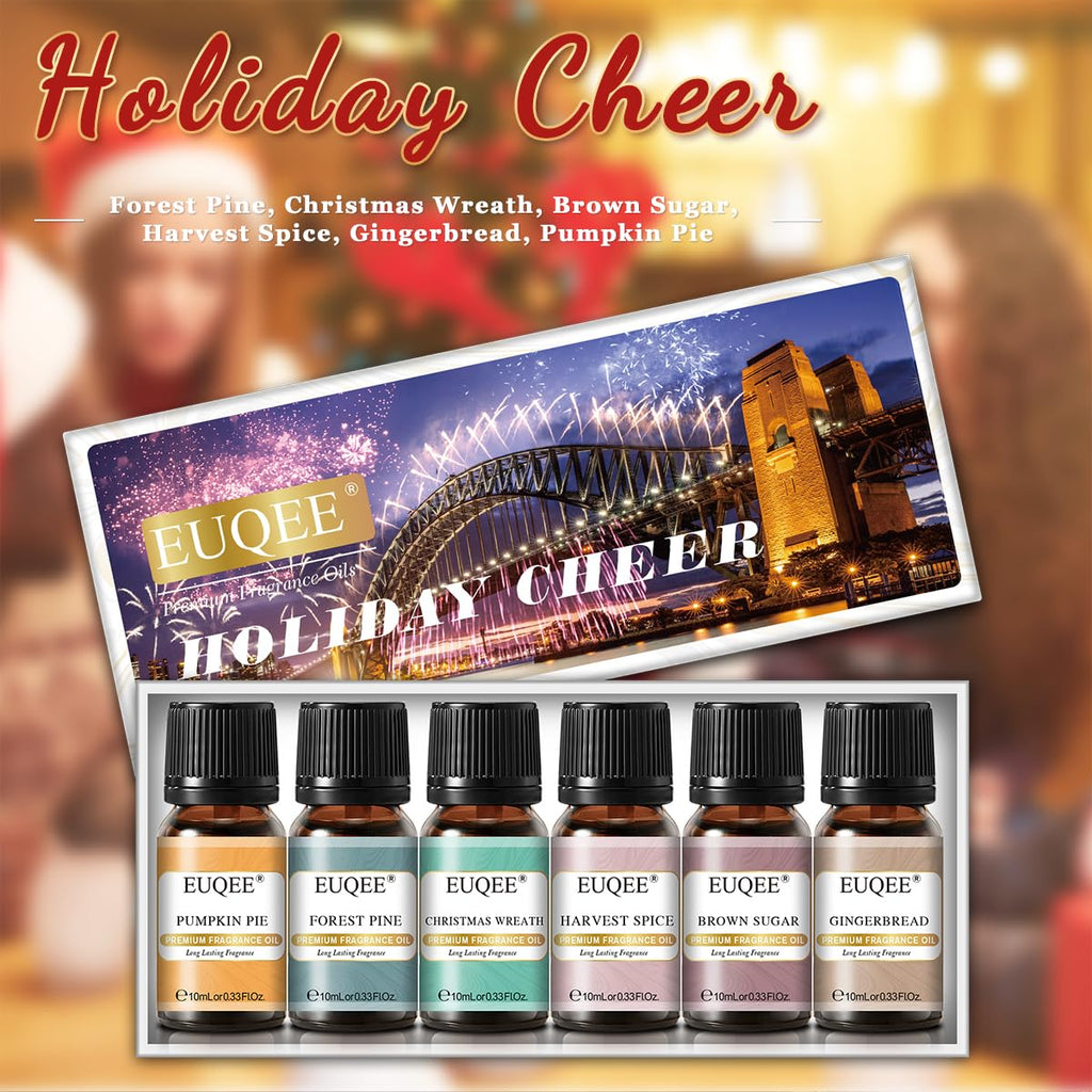 EUQEE Holiday Cheer Premium Fragrance Oils Set of 6 (10ml) – Forest Pine, Christmas Wreath, Brown Sugar, Harvest Spice, Gingerbread, Pumpkin Pie