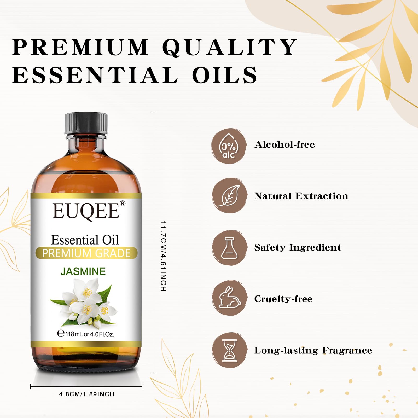 EUQEE Jasmine Essential Oil 118ml – Premium Jasmine Oil for Aromatherapy, Diffuser, DIY Soap & Candle Making (4 Fl Oz)