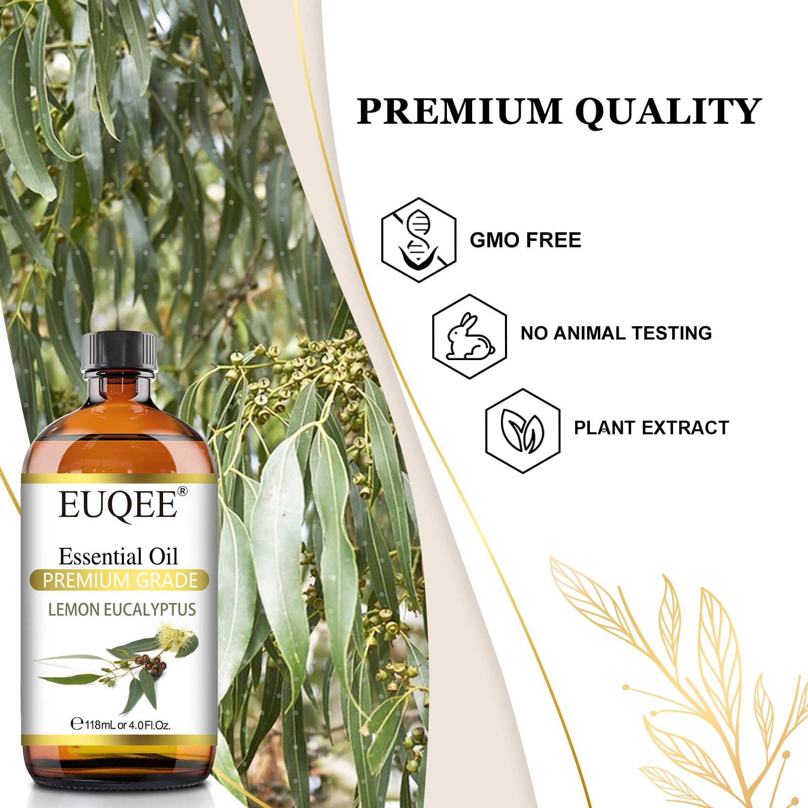 EUQEE Lemon Eucalyptus Essential Oil – 118ml / 4 Fl Oz with Glass Dropper