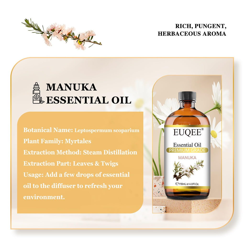 EUQEE Manuka Essential Oil 118ml – Glass Dropper, Skin Care & Diffuser
