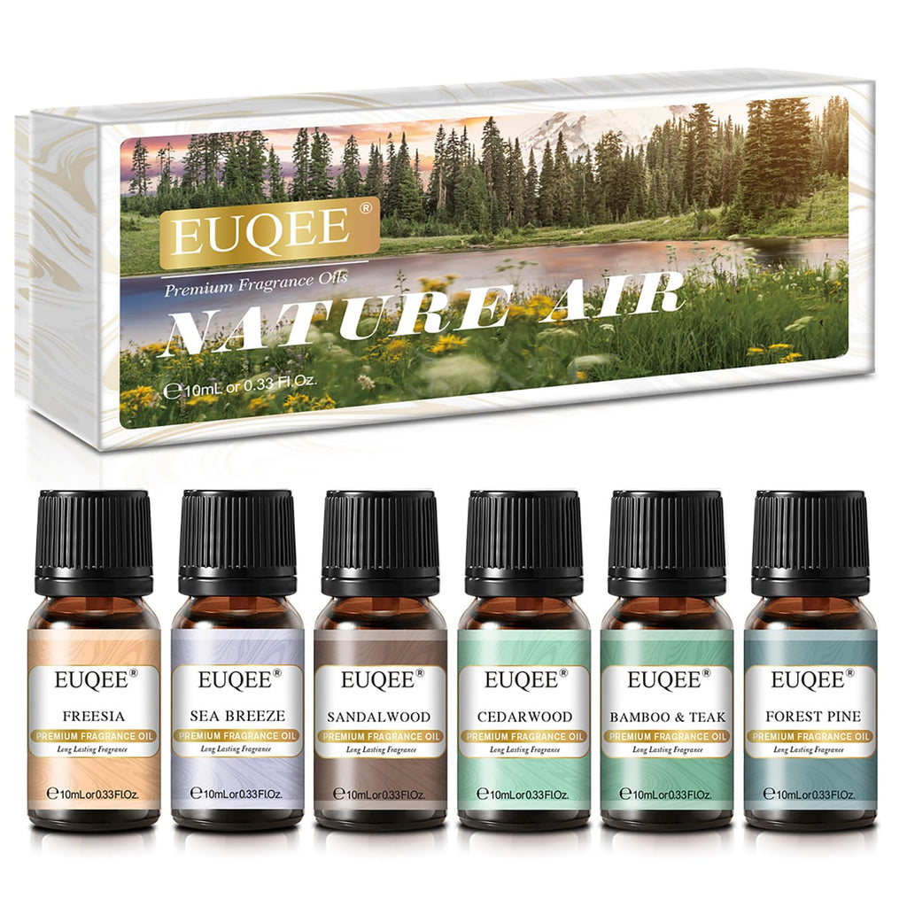 EUQEE Nature Air Premium Grade Scented Oils Gift Set - 6x10ml (Sea Breeze, Freesia, Bamboo & Teak, Cedarwood, Forest Pine, Sandalwood)