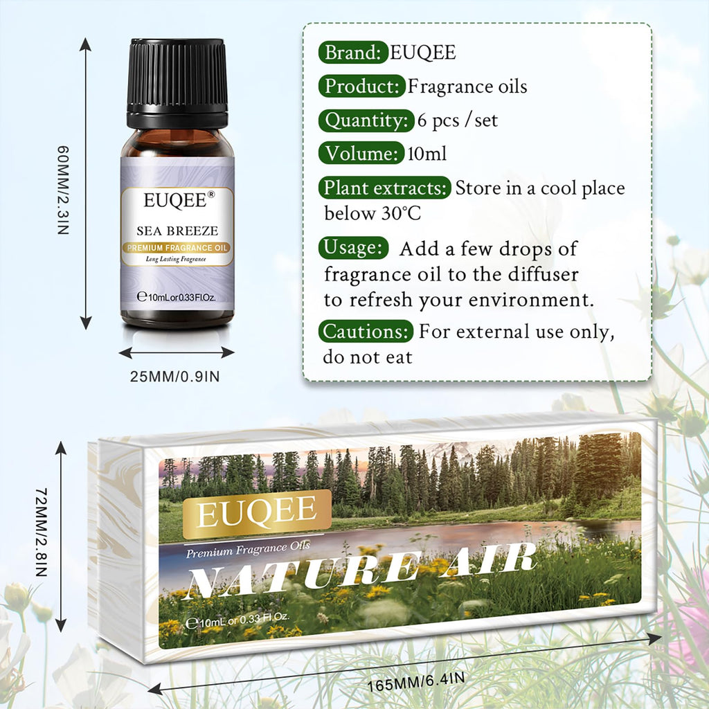 EUQEE Nature Air Premium Grade Scented Oils Gift Set - 6x10ml (Sea Breeze, Freesia, Bamboo & Teak, Cedarwood, Forest Pine, Sandalwood)