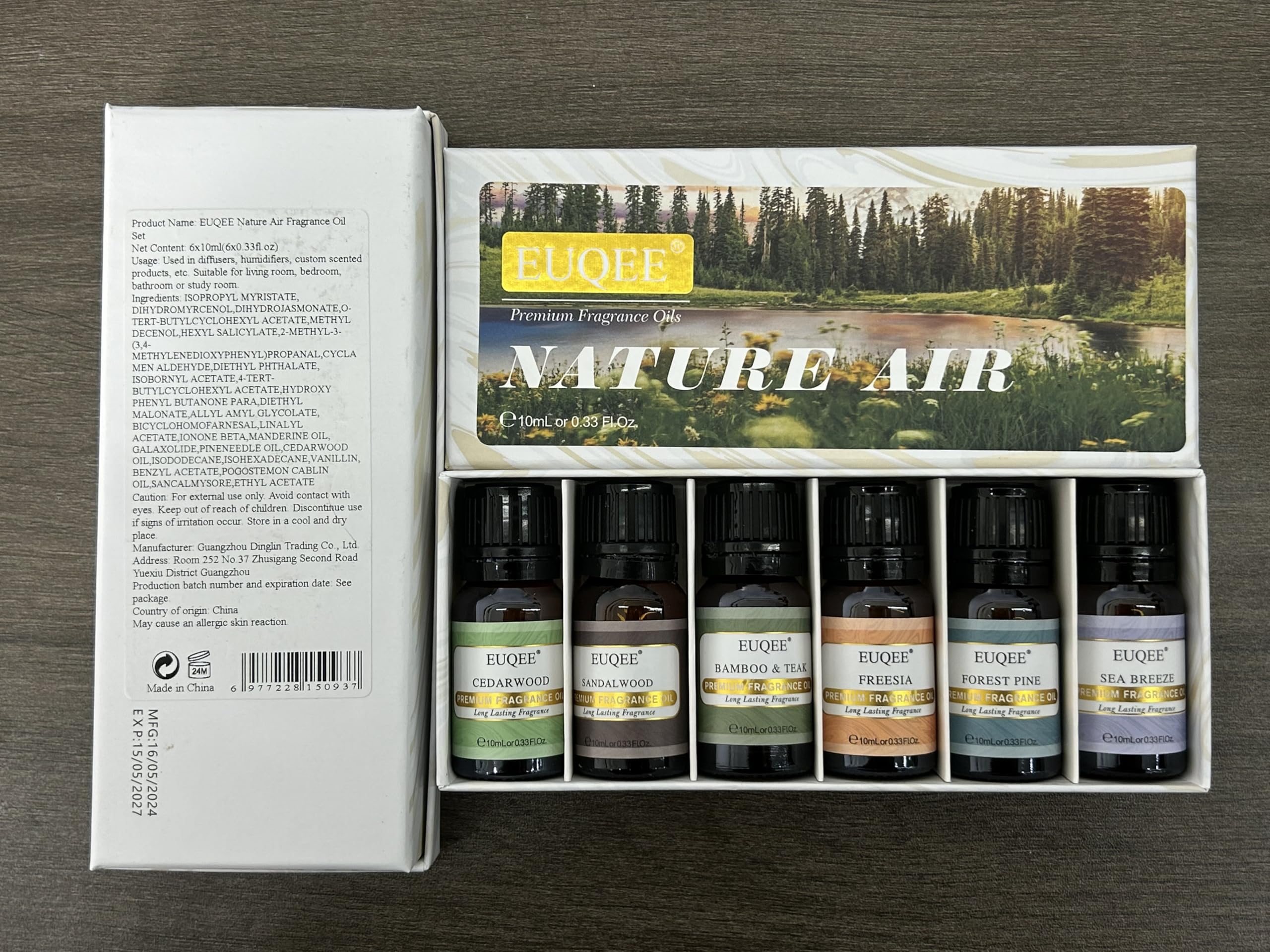 EUQEE Nature Air Premium Grade Scented Oils Gift Set - 6x10ml (Sea Breeze, Freesia, Bamboo & Teak, Cedarwood, Forest Pine, Sandalwood)