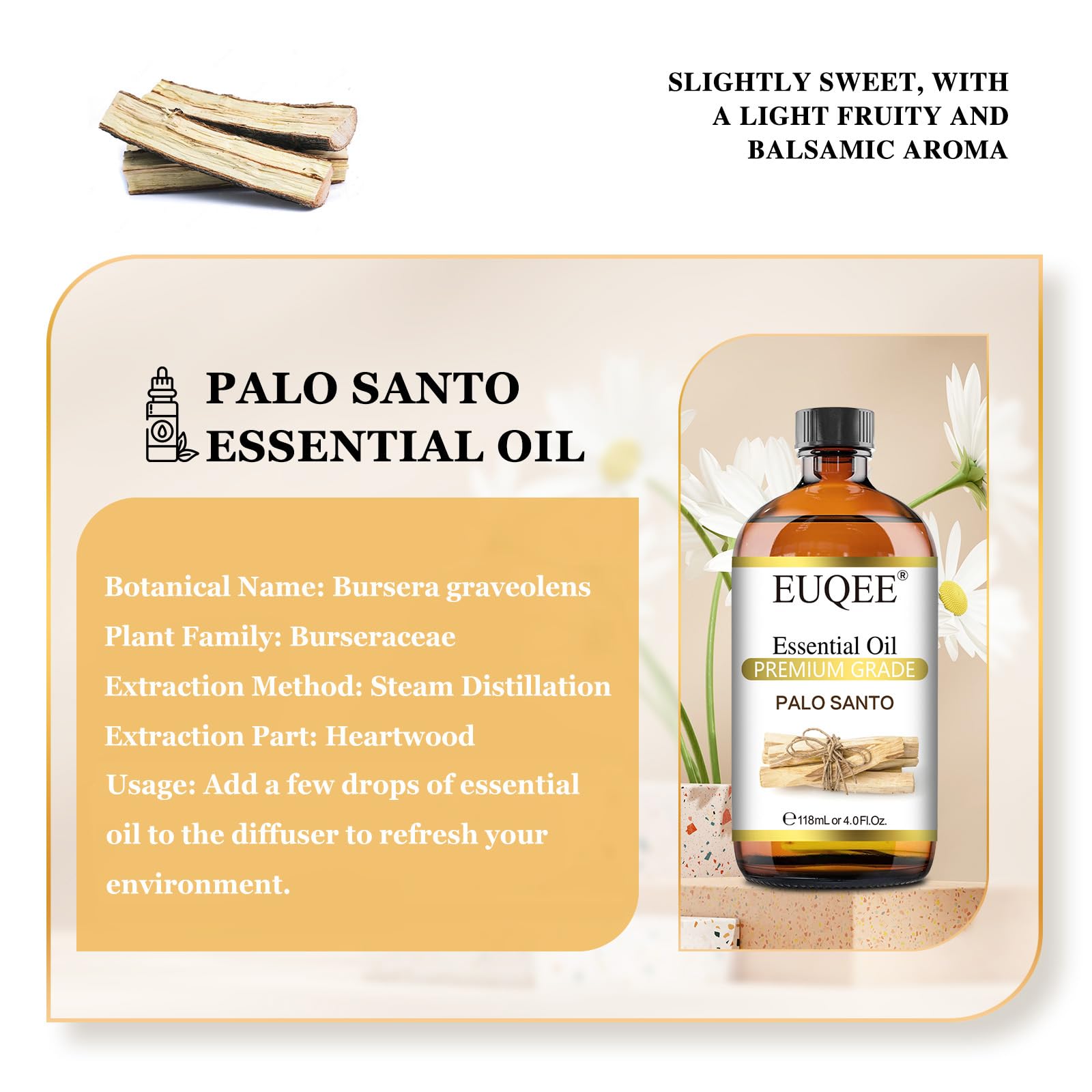 EUQEE Palo Santo Essential Oil 118mL (4 Fl. Oz) – Pure Oil with Glass Dropper