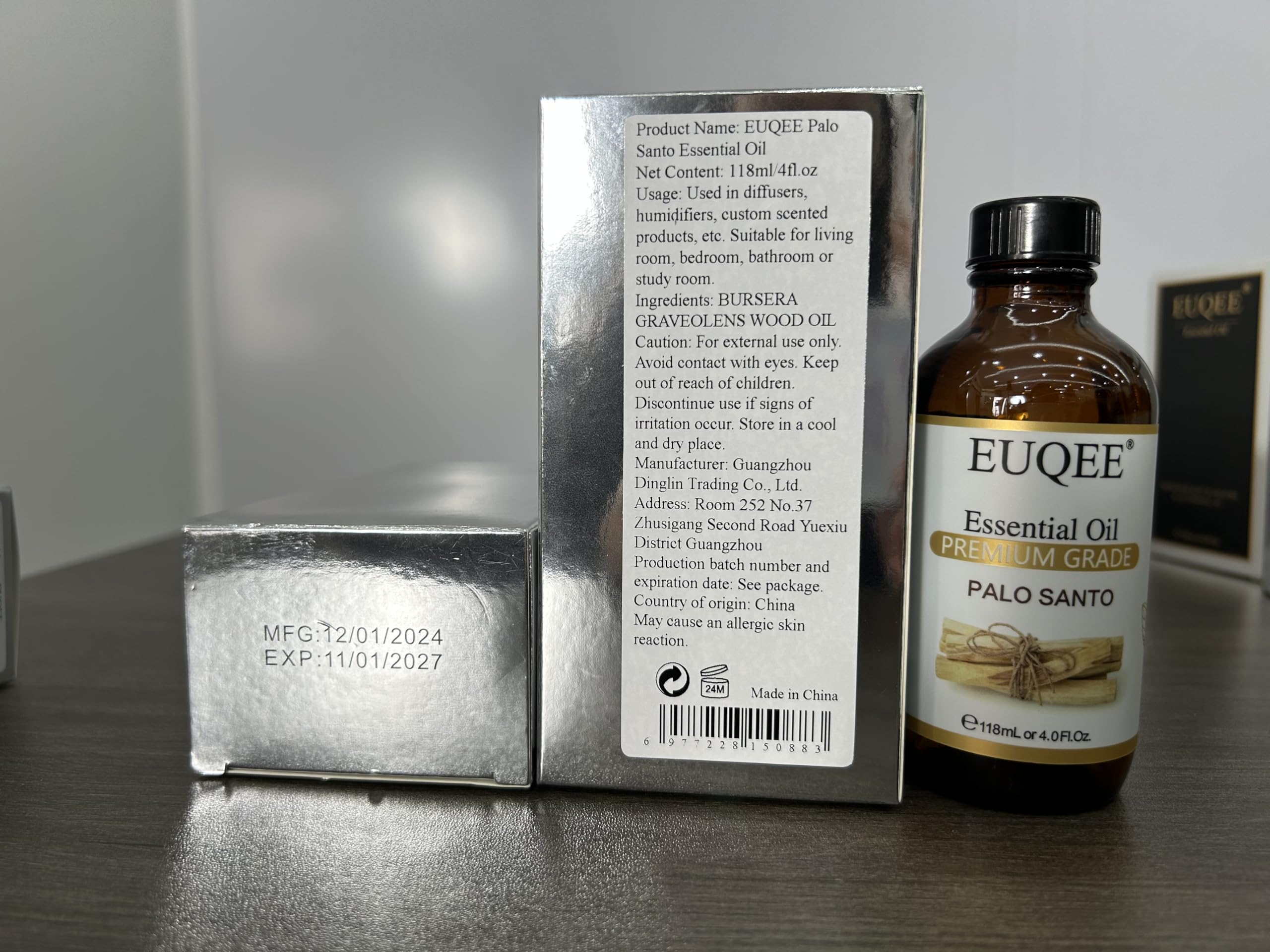 EUQEE Palo Santo Essential Oil 118mL (4 Fl. Oz) – Pure Oil with Glass Dropper