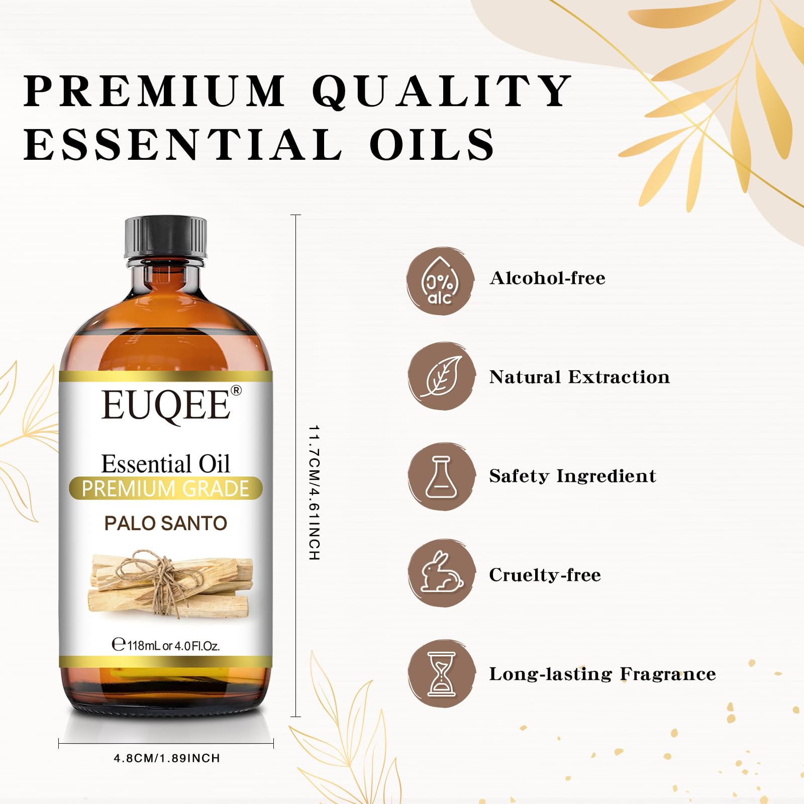 EUQEE Palo Santo Essential Oil 118mL (4 Fl. Oz) – Pure Oil with Glass Dropper