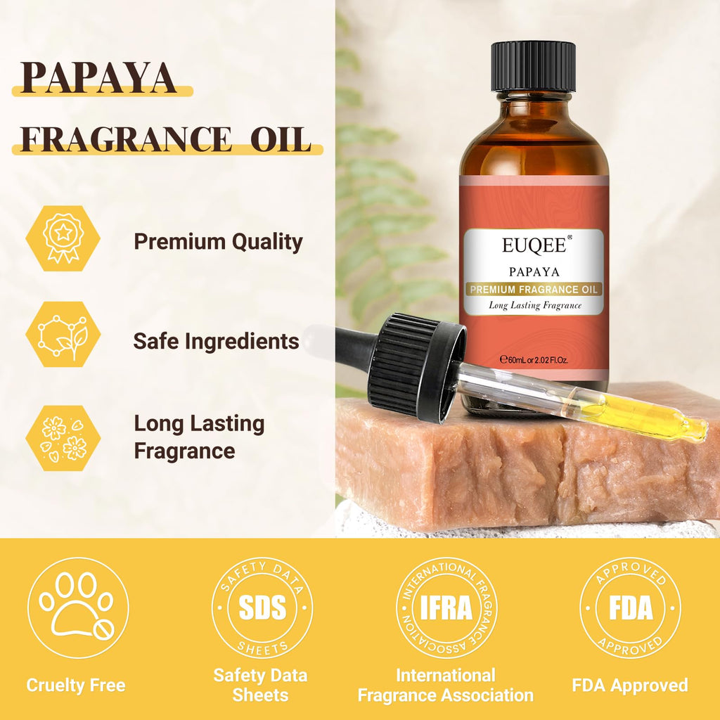 EUQEE Papaya Fragrance Oil – Premium Essential Oil with Glass Dropper (2.02 fl oz / 60 ml) for Aromatherapy, Soap & Candles