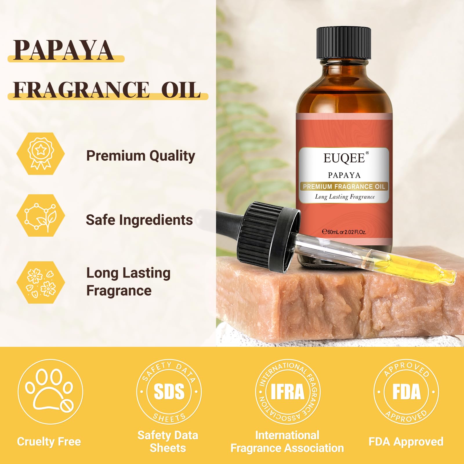 EUQEE Papaya Fragrance Oil – Premium Essential Oil with Glass Dropper (2.02 fl oz / 60 ml) for Aromatherapy, Soap & Candles