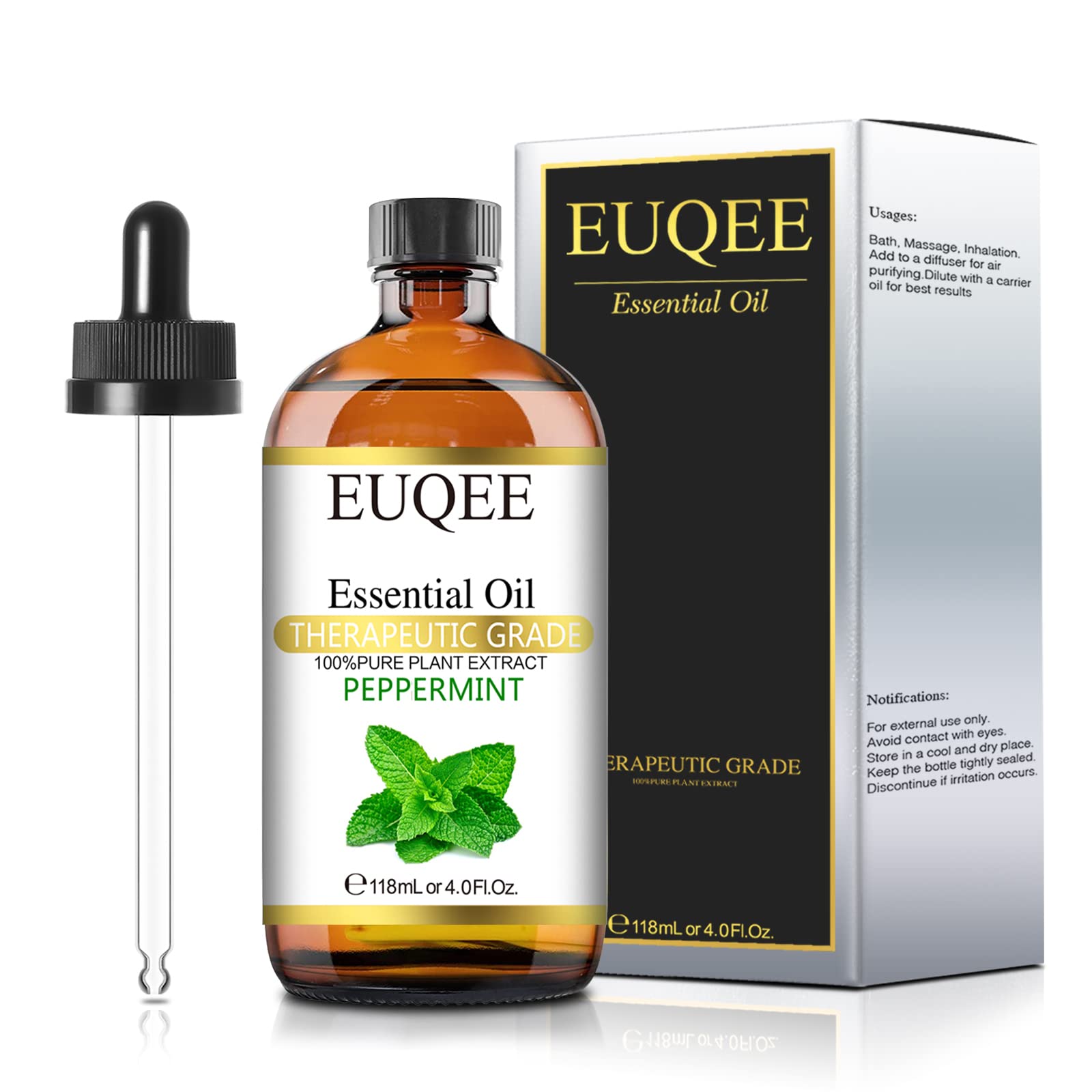 EUQEE Peppermint Essential Oil 118 ml – Pure Peppermint Oil with Glass Dropper