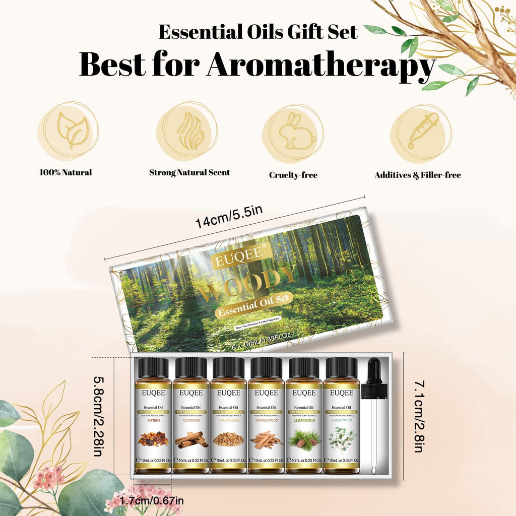 EUQEE 10ml Woody Essential Oils Set – Pure & Natural Aromatherapy (Eucalyptus, Cedarwood, Sandalwood, Frankincense, Cinnamon, Myrrh)