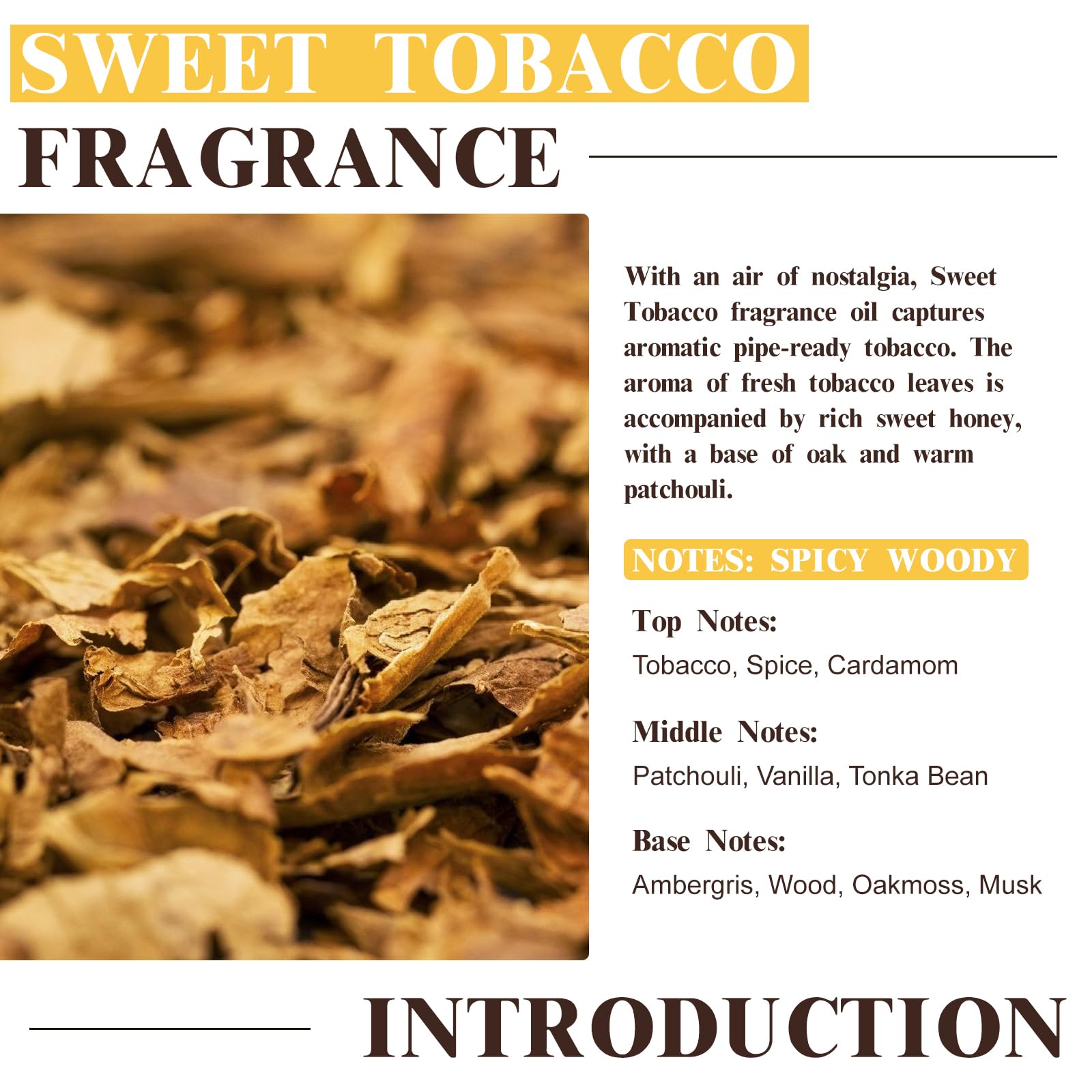 EUQEE Sweet Tobacco Fragrance Oil – 60ml (2.02 Fl oz) with Glass Dropper for Diffuser, Aromatherapy, Soap Making