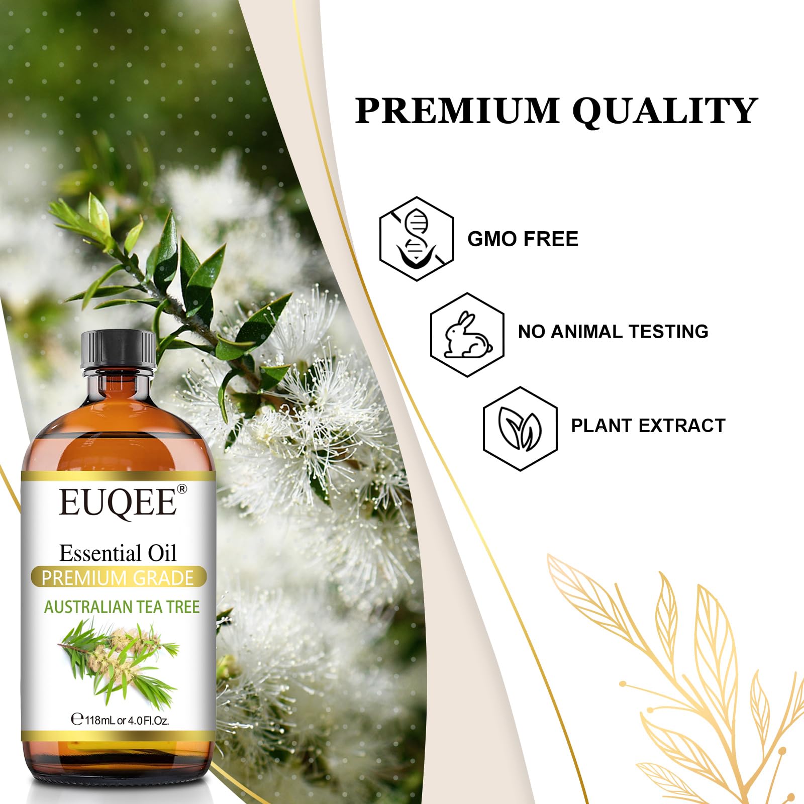 EUQEE Australian Tea Tree Essential Oil 4 oz - Premium Grade for Diffusers, Candles & Soap