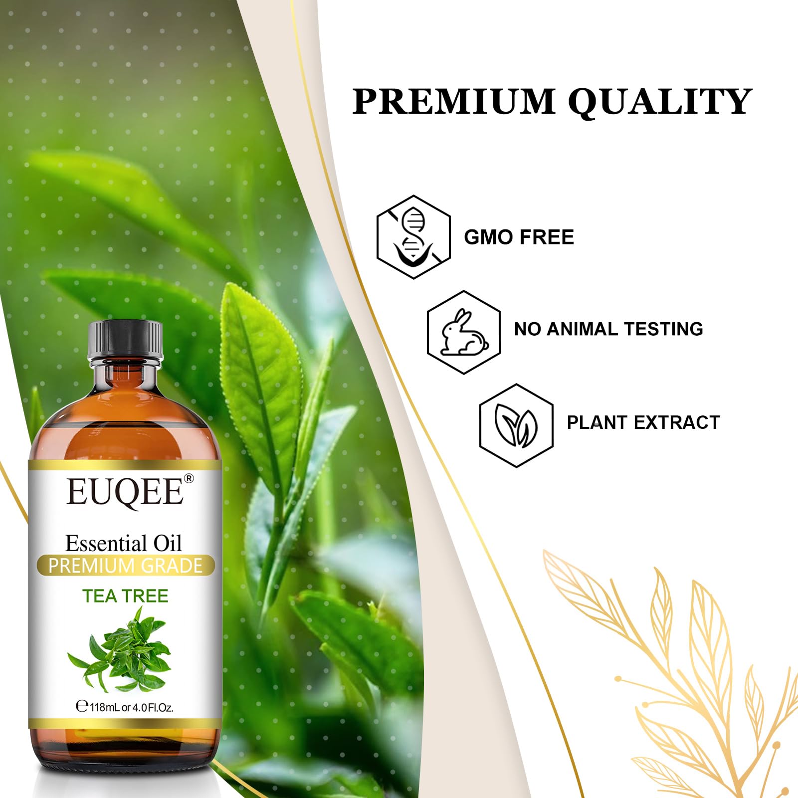 EUQEE Tea Tree Essential Oil 4 oz (118 ml) with Glass Dropper – Aromatherapy, Diffuser & DIY Soap