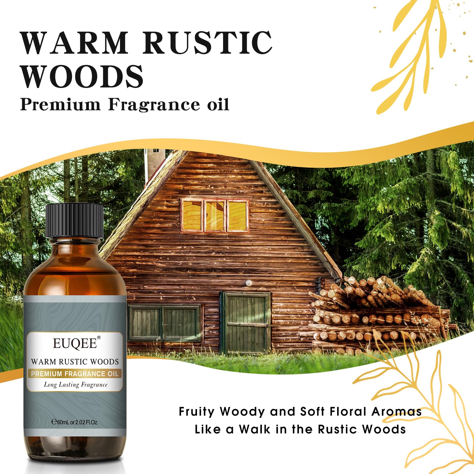 EUQEE Warm Rustic Woods Fragrance Oil – Premium 60ml with Glass Dropper (Diffuser, Candle & DIY Soap)