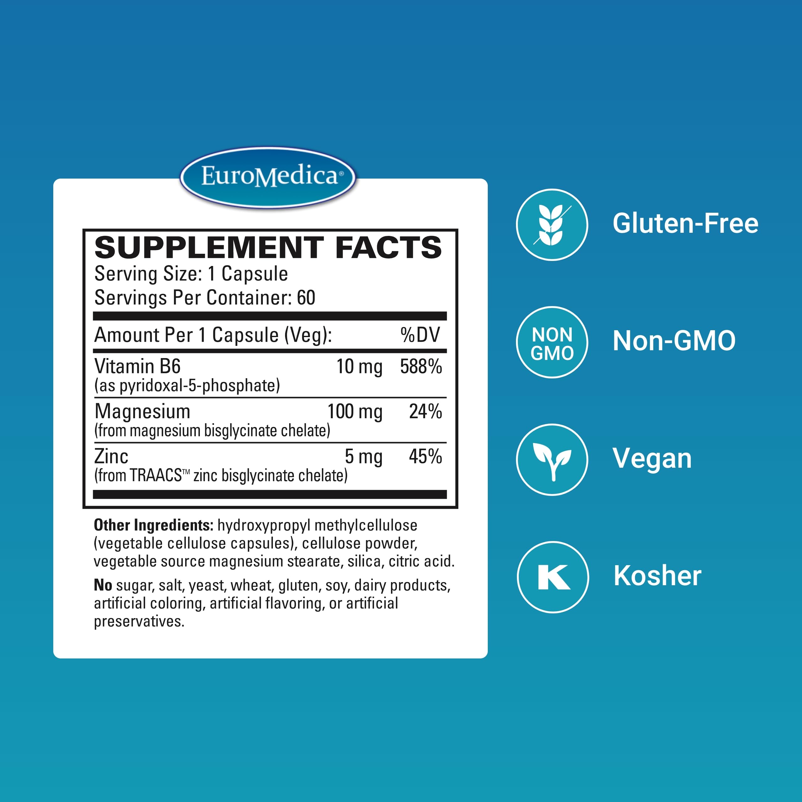 EuroMedica Magnesium + P-5-P - Bone & Heart Health Support Supplement - 60 Vegan Capsules