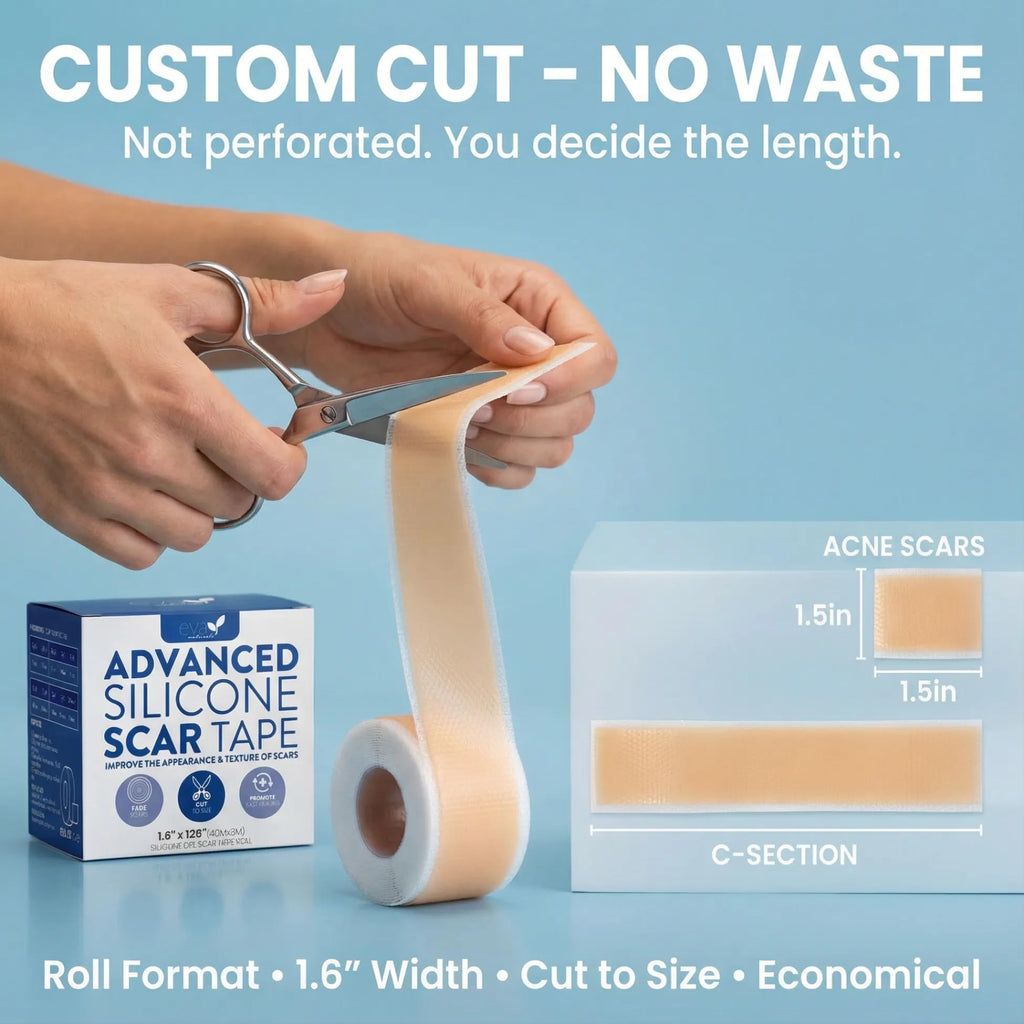 Eva Naturals Medical Grade Silicone Scar Tape 1.6in x 120in - Reusable Sheets for C-Section, Surgical, Keloid & Burn Scars