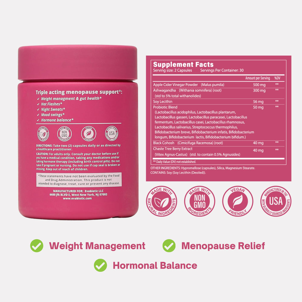 Complete Menopause Vitamins by EVABIOTIC – Vegan, Non-GMO Formula for Hot Flashes, Weight Management & Mood Support