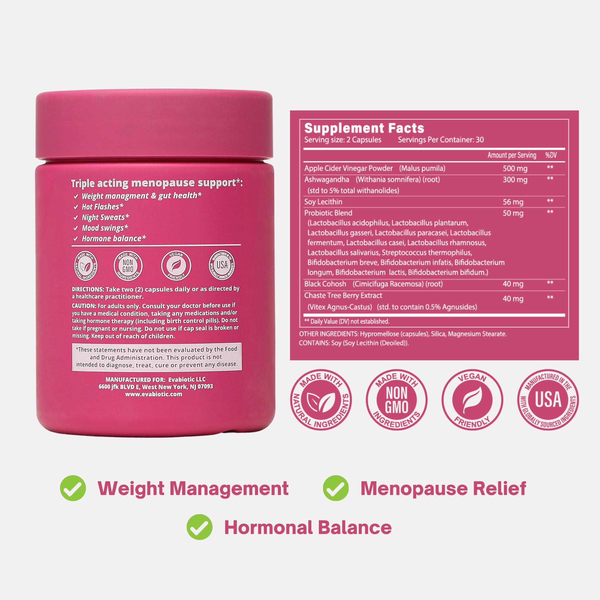 Complete Menopause Vitamins by EVABIOTIC – Vegan, Non-GMO Formula for Hot Flashes, Weight Management & Mood Support
