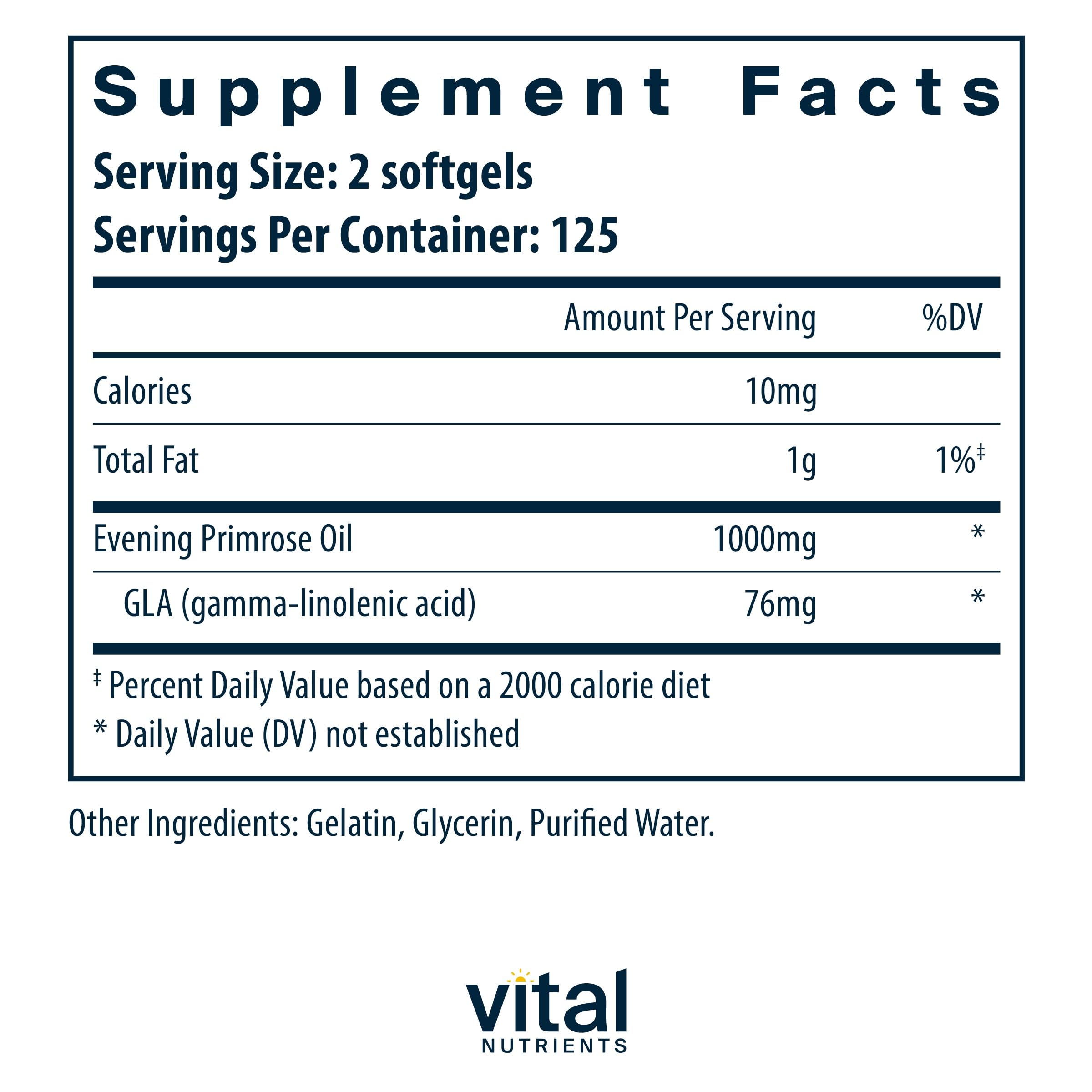 Evening Primrose Oil 1000mg – Vital Nutrients | 250 Softgels