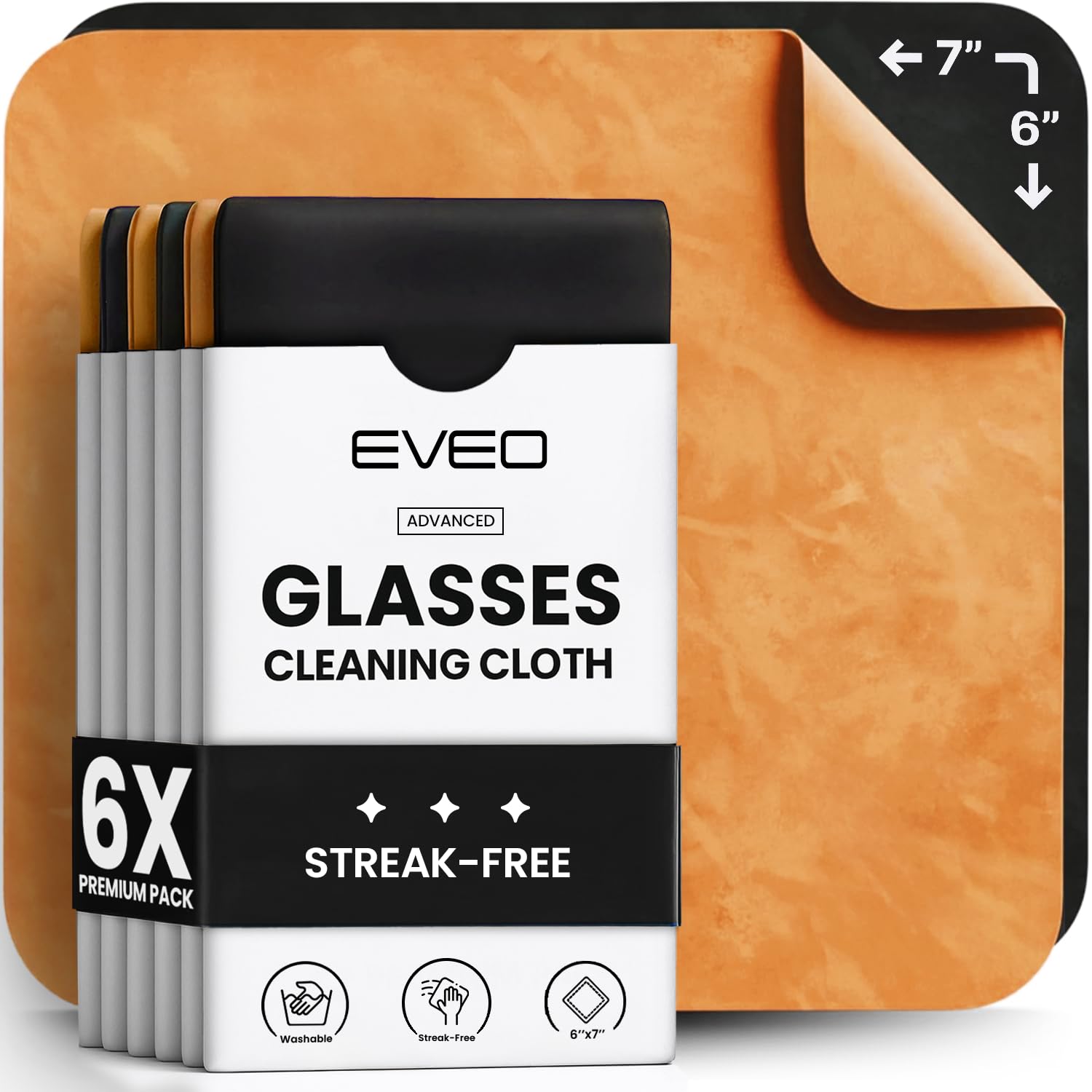 EVEO Glasses Cleaning Cloth 6-Pack | Black & Orange Microfiber Cloth for Lenses & Screens