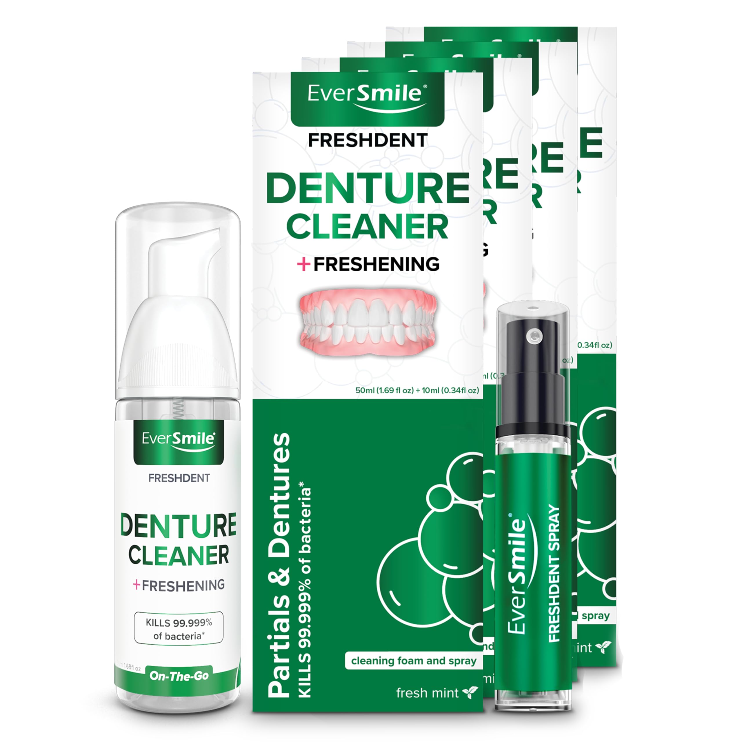 EverSmile FreshDent Denture and Partial Denture Cleaner + Teeth Whitening Spray & Foam - Travel Size 50ml + 10ml (4pk)