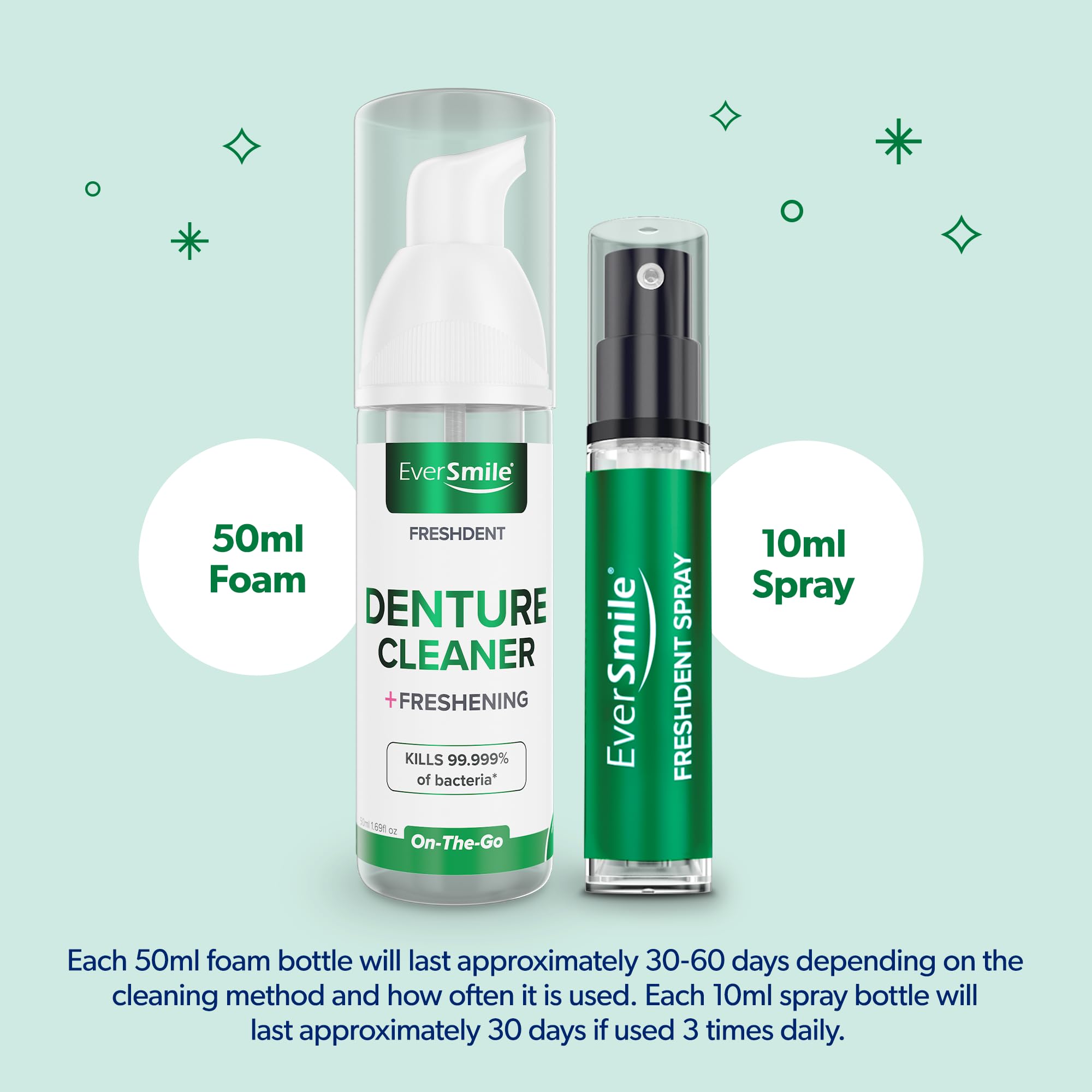 EverSmile FreshDent Denture Cleaner + Teeth Whitening Spray & Foam – 2pc Travel Size (50ml + 10ml)