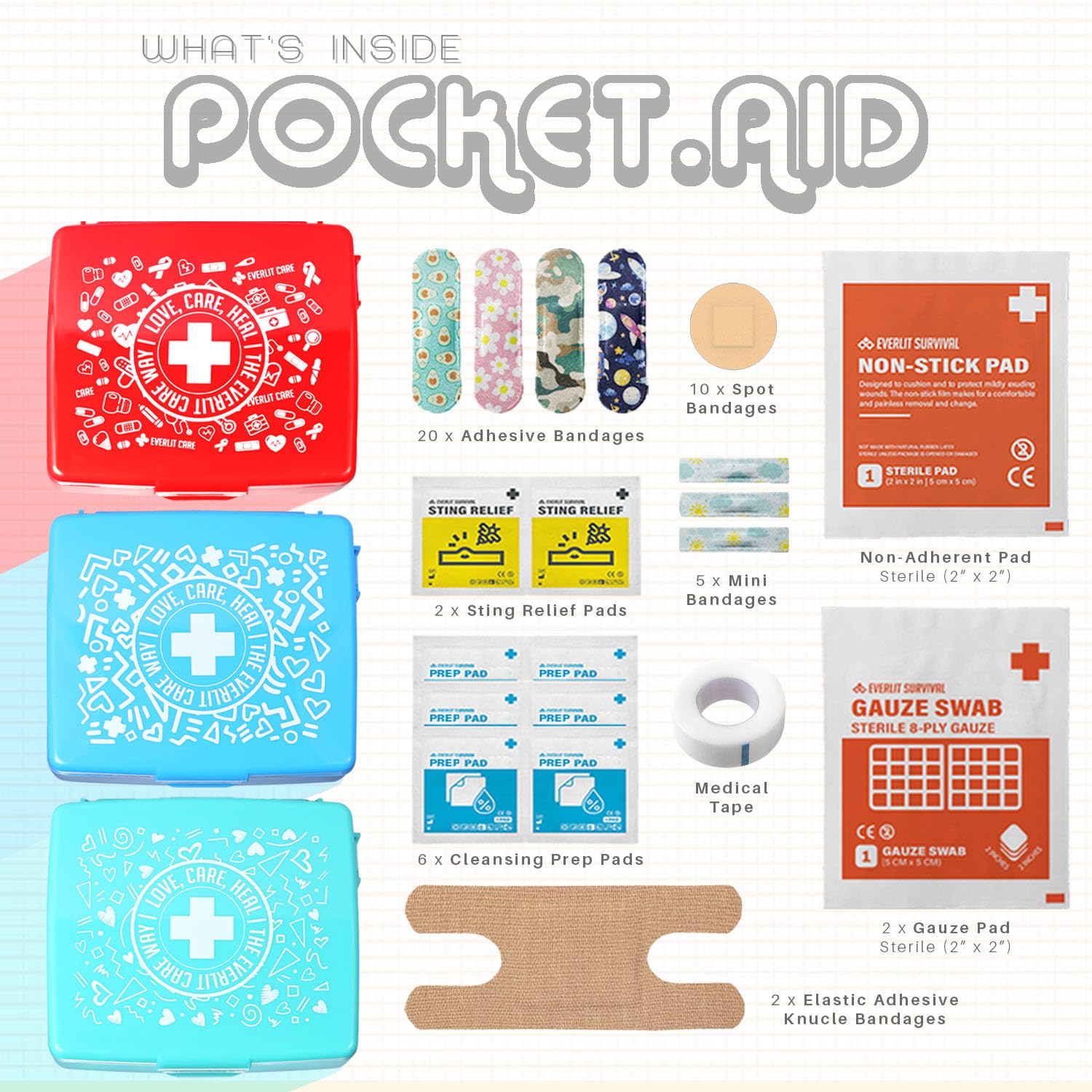 EVERLIT CARE Pocket-Aid Mini First Aid Kit — Compact 50‑Item Hard-Shell Case for Travel, Home, Office