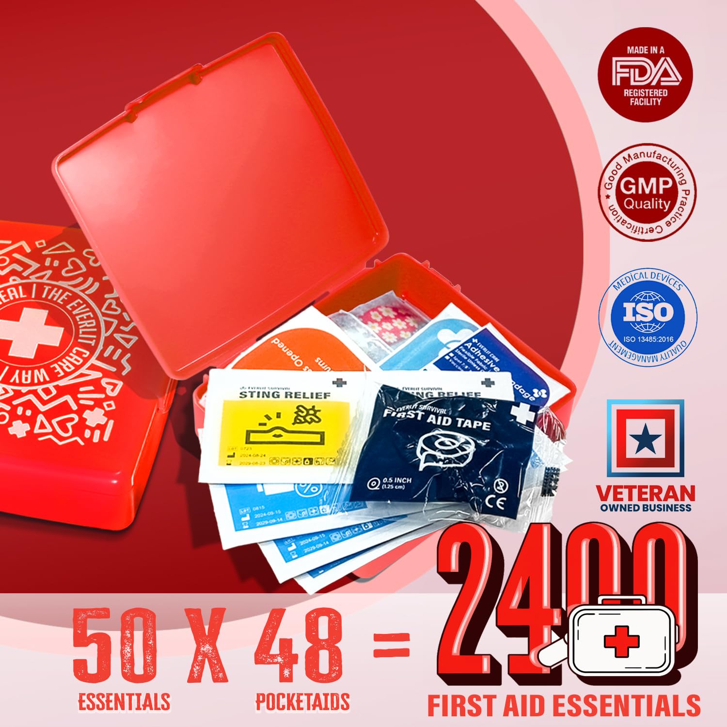 EVERLIT CARE Pocket-Aid Mini First Aid Kit — Compact 50‑Item Hard-Shell Case for Travel, Home, Office