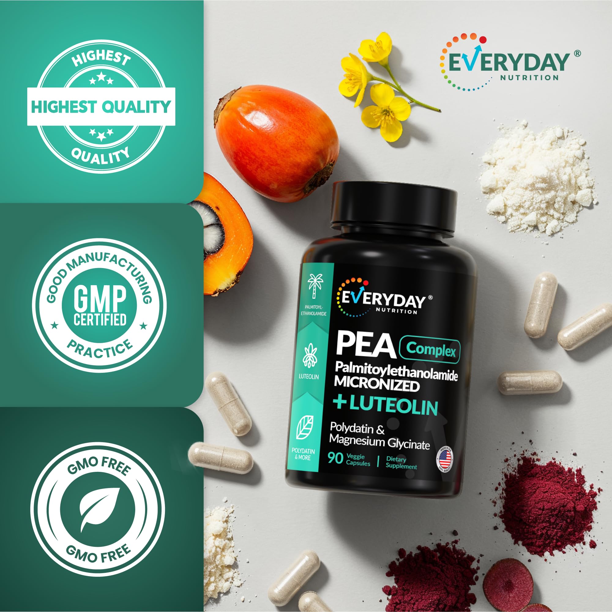 EVERYDAY NUTRITION PEA 400 mg + Luteolin & Magnesium Glycinate | 90 Capsules | Pain Relief & Inflammation Support