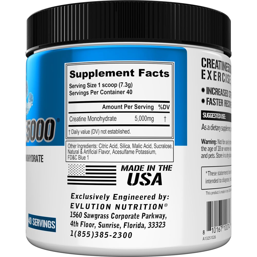 Evlution Nutrition Creatine 5000 - 5g Creatine Monohydrate Per Serving, Blue Raz | 40 Servings