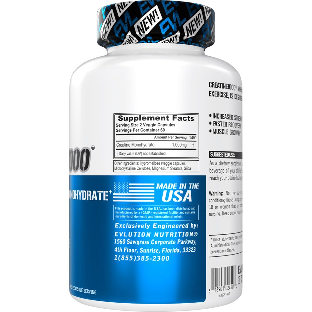 EVL Creatine Monohydrate 1000mg Capsules – Pre & Post Workout