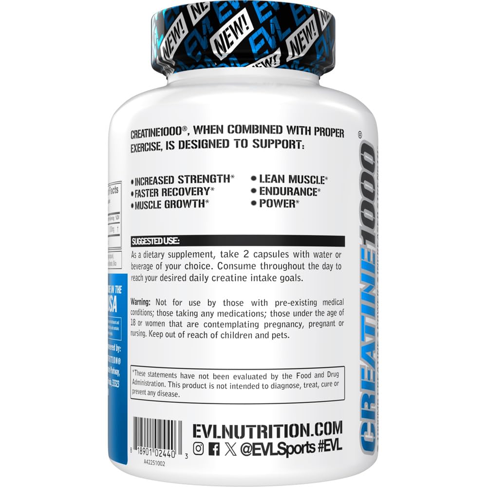 EVL Creatine Monohydrate 1000mg Capsules – Pre & Post Workout