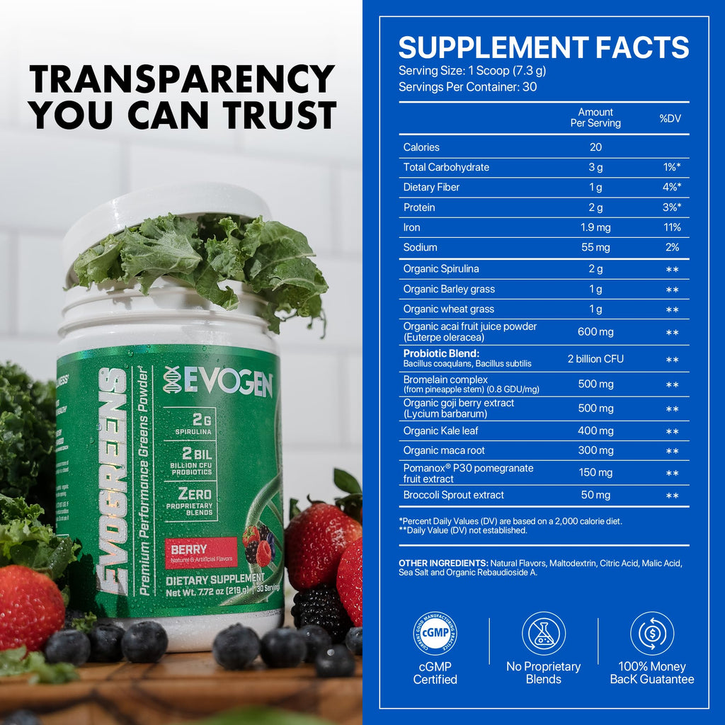 Evogen Evogreens - Super Greens Powder | Recovery, Wellness & Immunity | Berry | 30 Servings