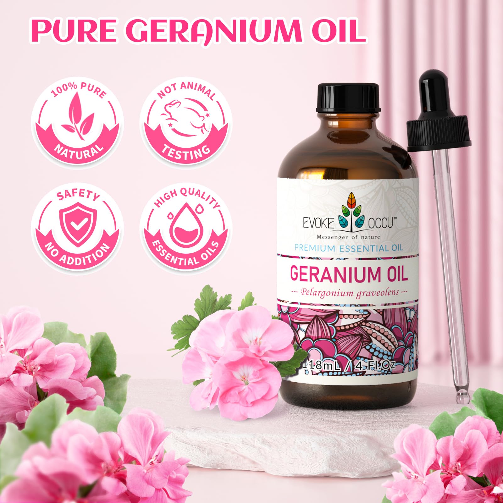 EVOKE OCCU Geranium Essential Oil 4 oz | Pure, Natural for Skin & Hair