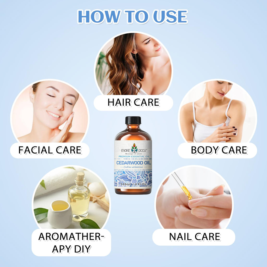 EVOKE OCCU Cedarwood Essential Oil – 4 Oz for Air Freshening, Hair Care & DIY Diffuser