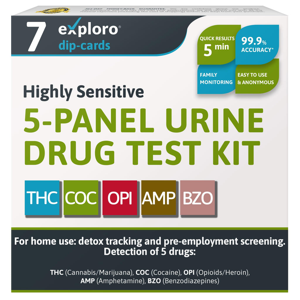 Exploro 5 Panel Drug Test Kit – At-Home Urine Test for THC, Cocaine, Opiates, Amphetamines & Benzodiazepines (7 Pack)